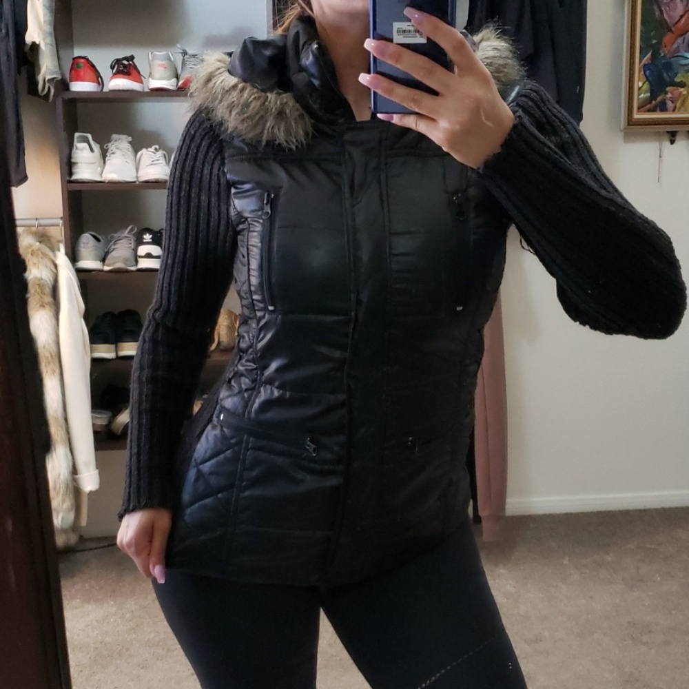 Faux fur coat with sweater sleeves